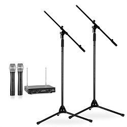 Electronic-Star Sada bezdrôtových mikrofónov so statívmi, 2 VHF rádiové mikrofóny, 2 stojany, čierne